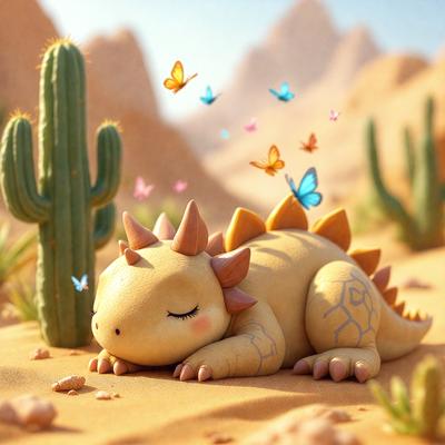 The primary subject of the image is a cute, sleeping dinosaur, possibly a dragon or a lizard, lying on a sandy surface. The setting is a desert environment, with a cactus nearby. The visual style is a digital art or illustration, creating a whimsical and imaginative scene. The colors are predominantly earth tones, such as brown, beige, and orange, which contribute to the warm and natural atmosphere of the desert.